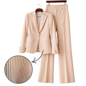 Tahari Arthur S Levine Women 6 Tan White Pinstripe Seersucker Pant Suit Cotton